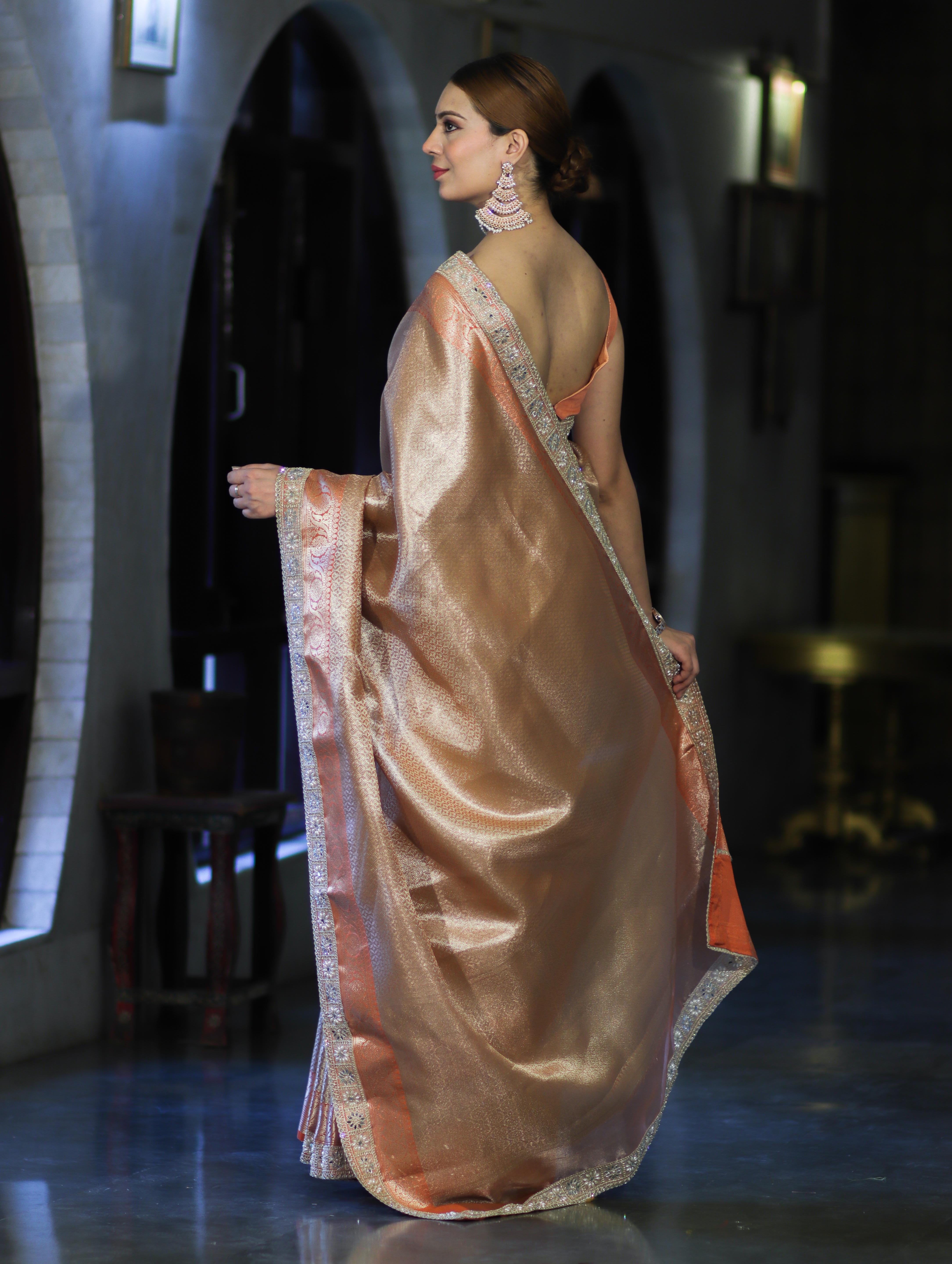 Banarasee Handloom Tissue Saree With Zari Woven Design & Lace Border-Peach