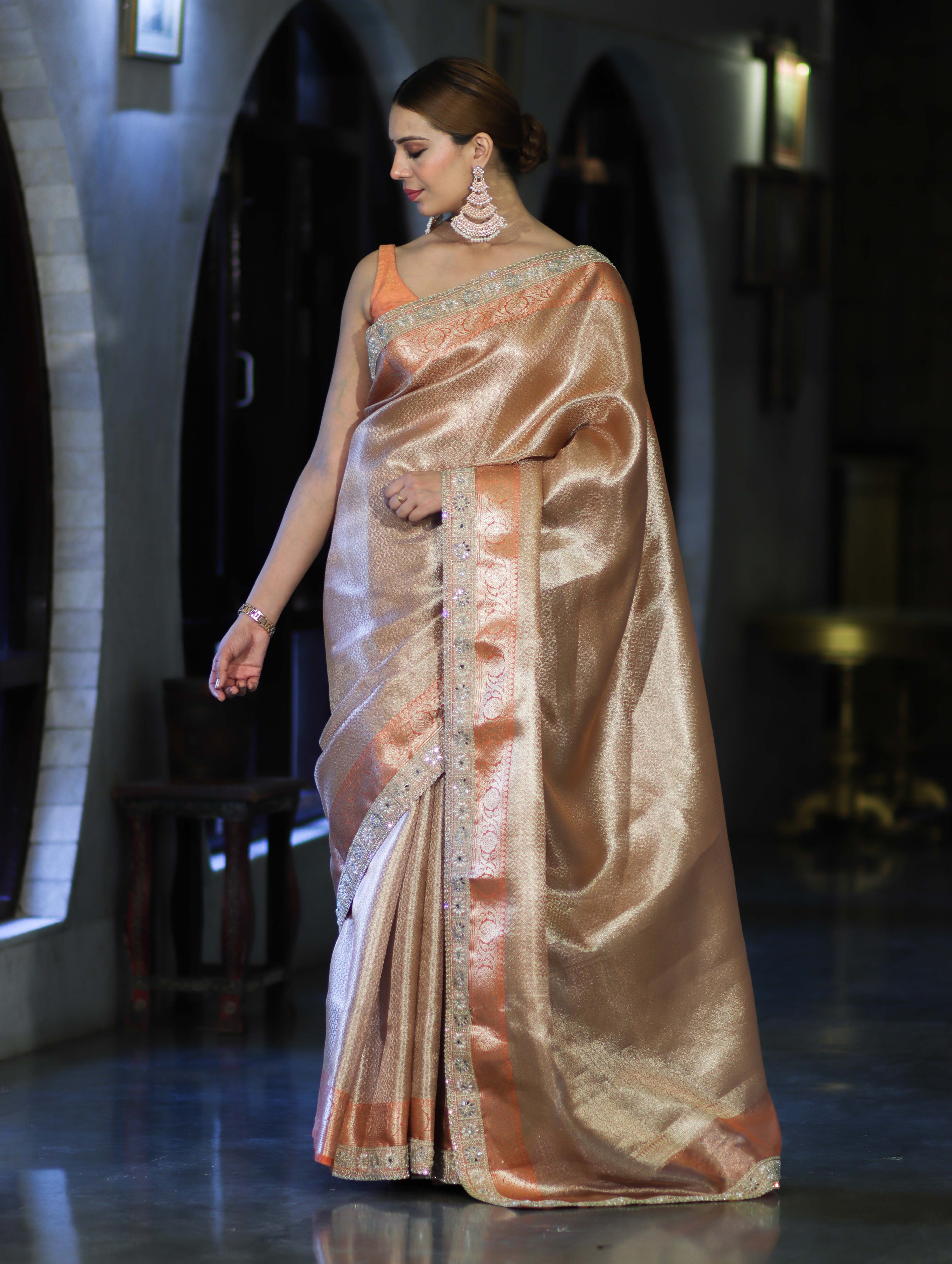 Banarasee Handloom Tissue Saree With Zari Woven Design & Lace Border-Peach