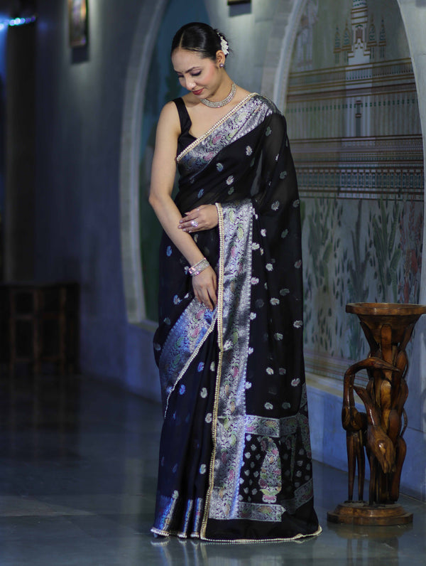 Banarasee Semi Chiffon Saree With Meena Work Silver Zari Border & Lace-Black