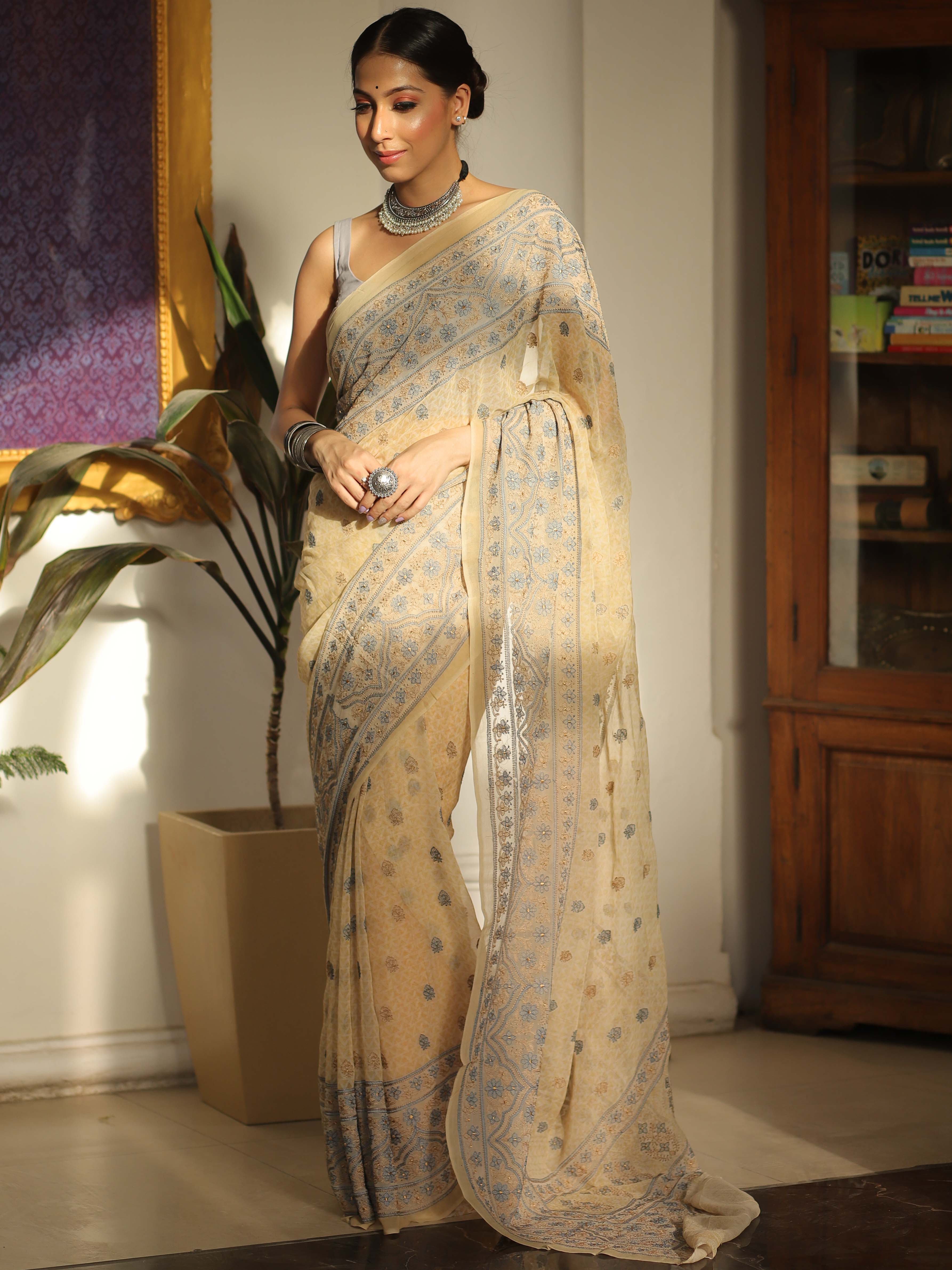 Banarasee Pure Georgette Saree With Embroidery Work-Beige