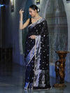 Banarasee Semi Chiffon Saree With Meena Work Silver Zari Border & Lace-Black