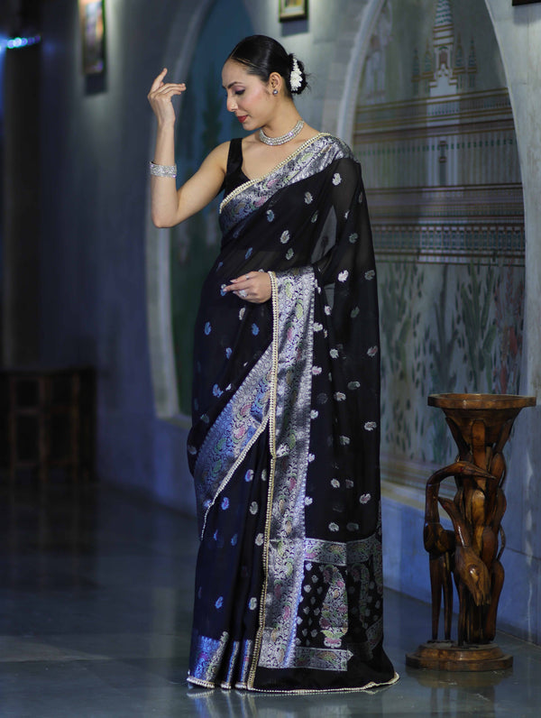 Banarasee Semi Chiffon Saree With Meena Work Silver Zari Border & Lace-Black