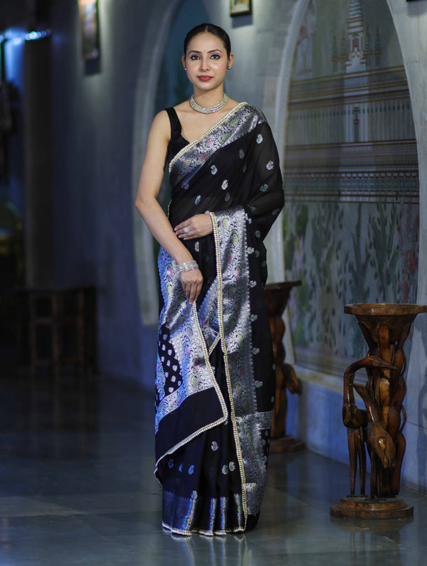 Banarasee Semi Chiffon Saree With Meena Work Silver Zari Border & Lace-Black