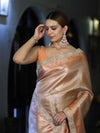 Banarasee Handloom Tissue Saree With Zari Woven Design & Lace Border-Peach