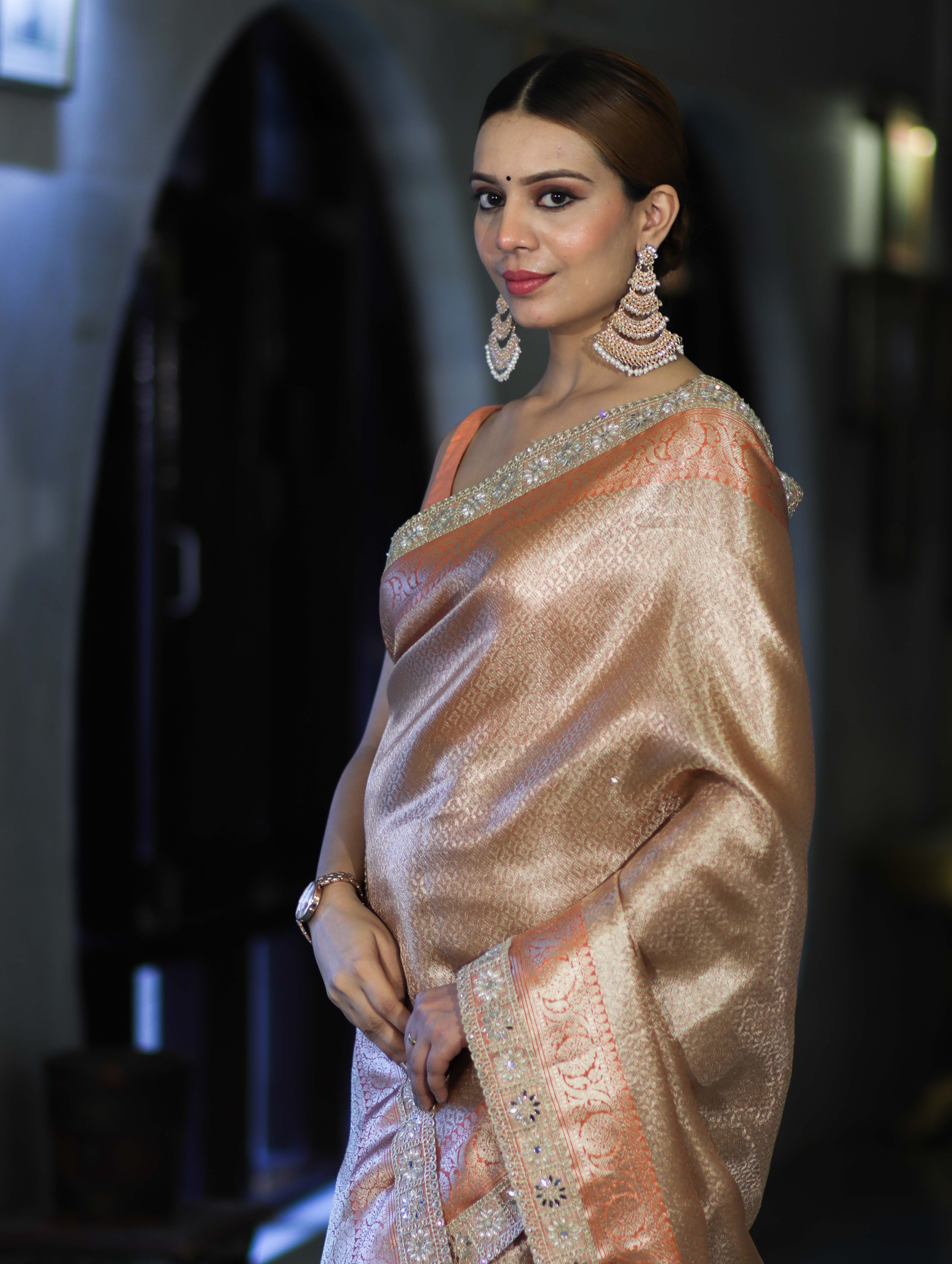 Banarasee Handloom Tissue Saree With Zari Woven Design & Lace Border-Peach