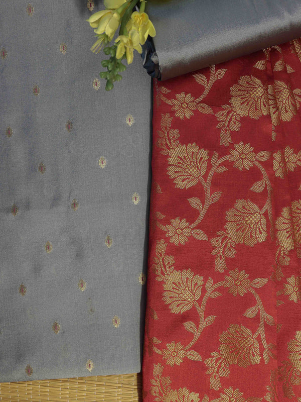 Banarasee Brocade Salwar Kameez Fabric With Cotton Silk Dupatta-Slate Blue & Red