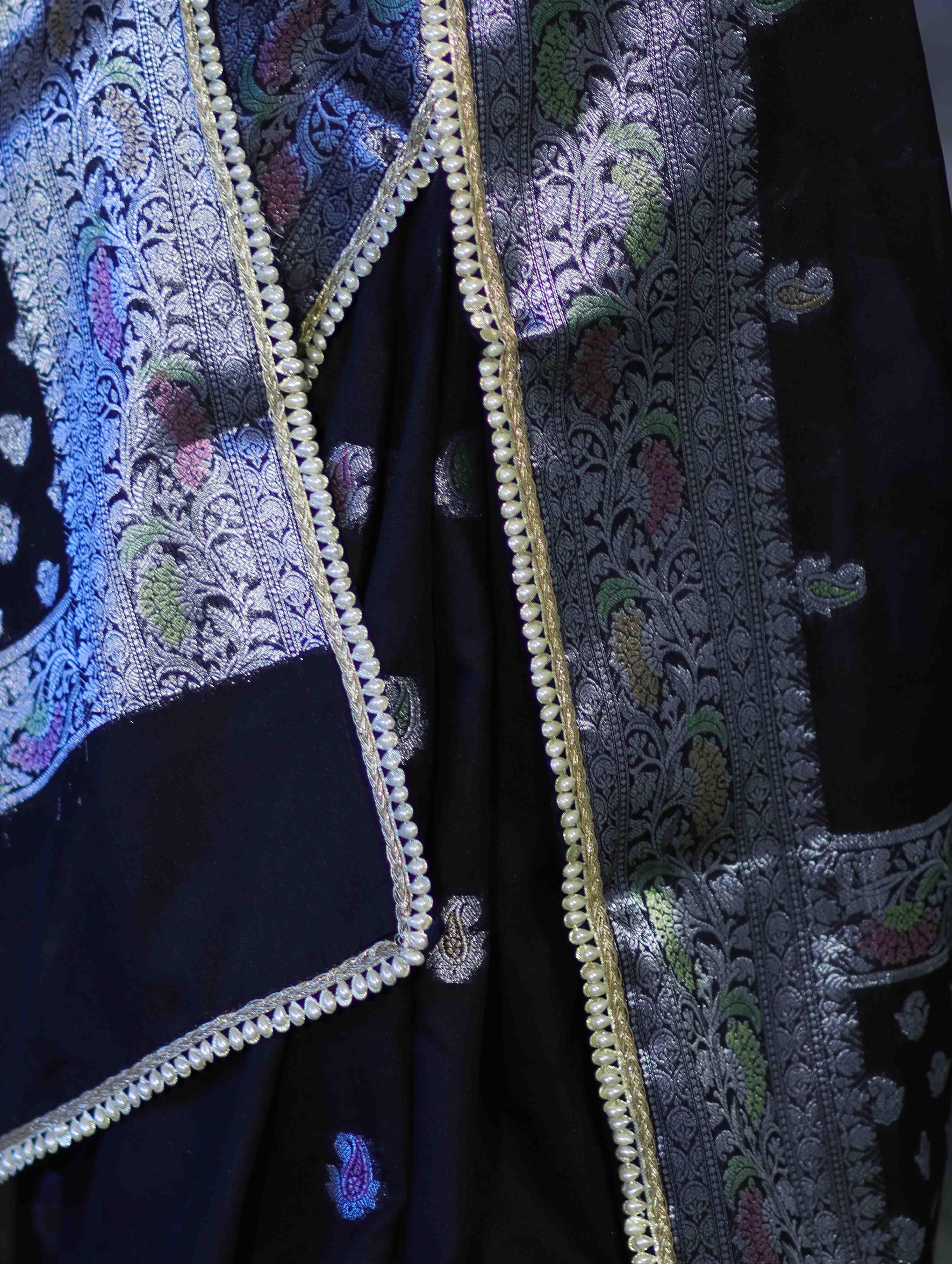 Banarasee Semi Chiffon Saree With Meena Work Silver Zari Border & Lace-Black