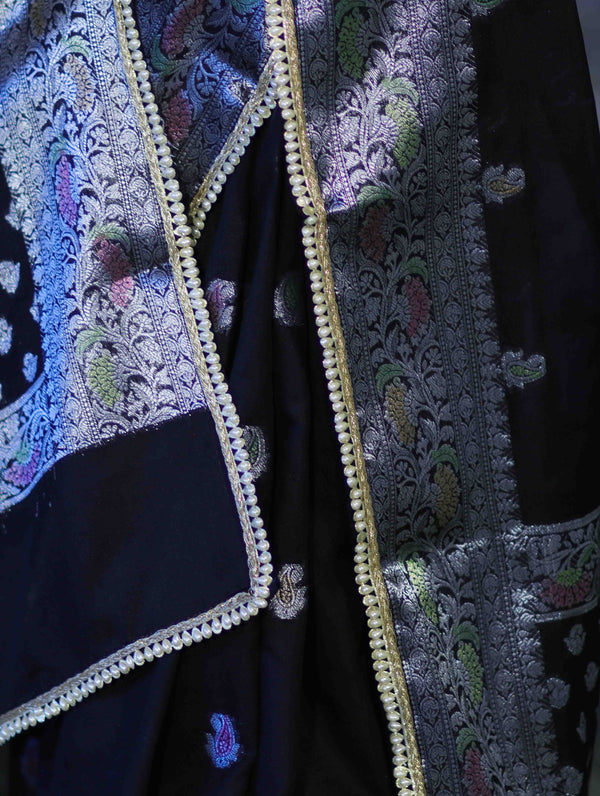Banarasee Semi Chiffon Saree With Meena Work Silver Zari Border & Lace-Black