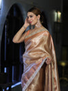 Banarasee Handloom Tissue Saree With Zari Woven Design & Lace Border-Peach