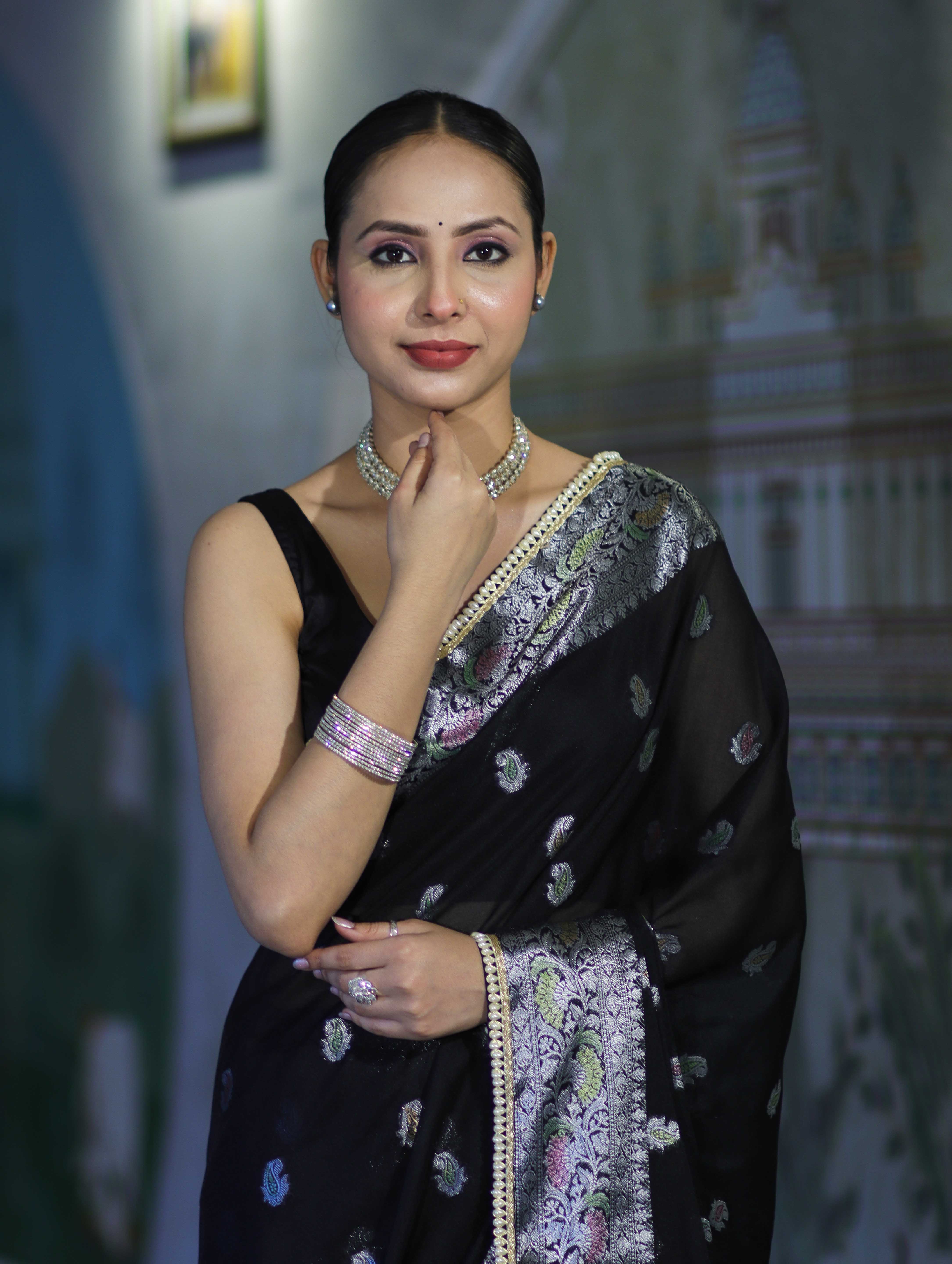 Banarasee Semi Chiffon Saree With Meena Work Silver Zari Border & Lace-Black