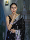 Banarasee Semi Chiffon Saree With Meena Work Silver Zari Border & Lace-Black