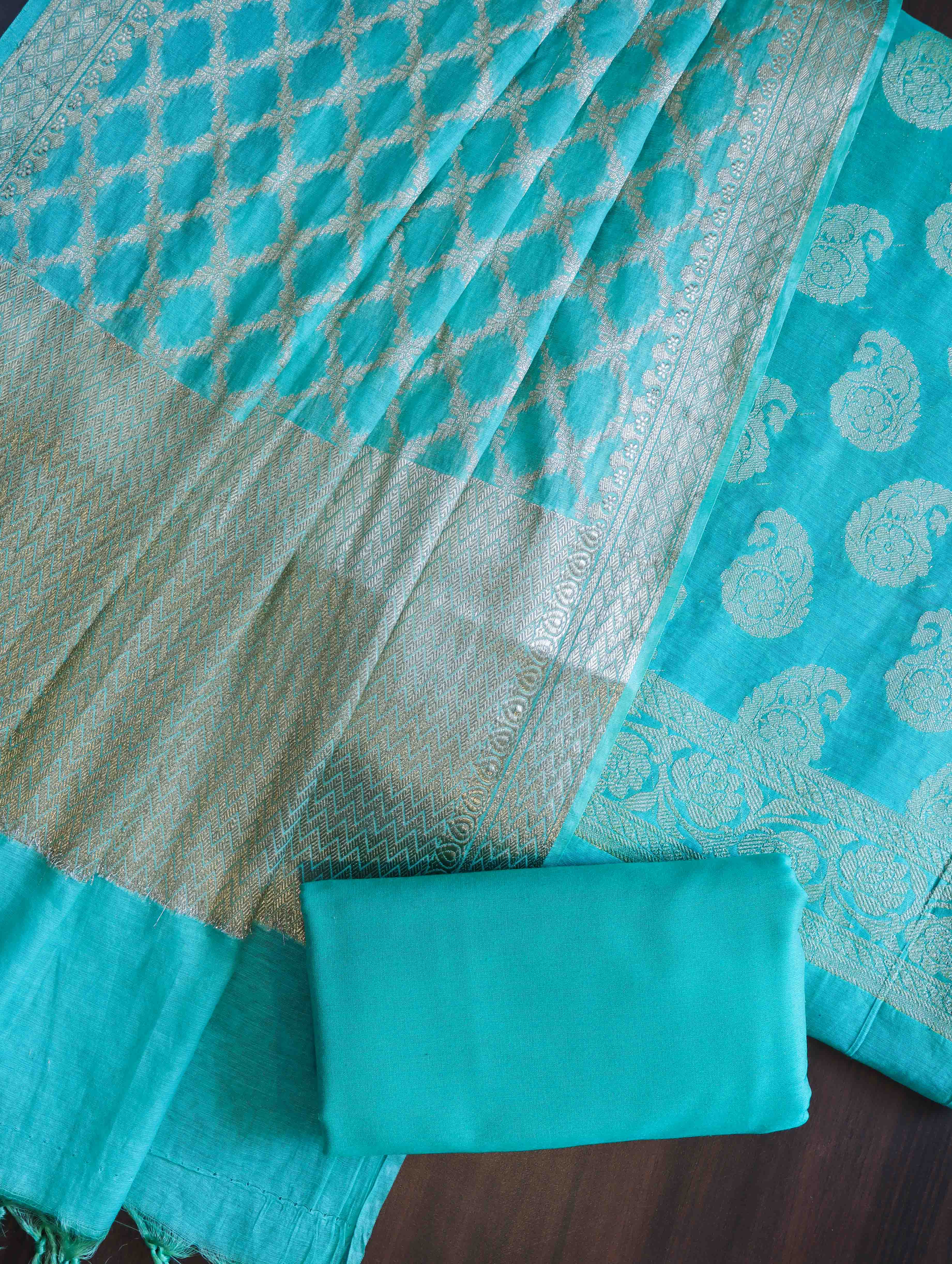 Banarasee Cotton Silk Zari Buta Work Salwar Kameez Fabric With Dupatta Set-Turquoise Green