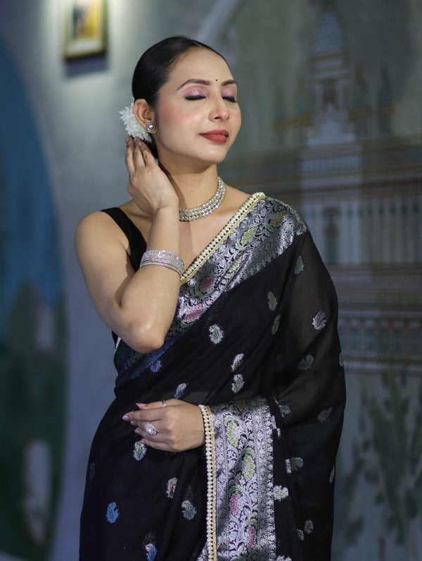 Banarasee Semi Chiffon Saree With Meena Work Silver Zari Border & Lace-Black