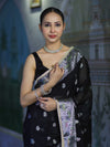 Banarasee Semi Chiffon Saree With Meena Work Silver Zari Border & Lace-Black