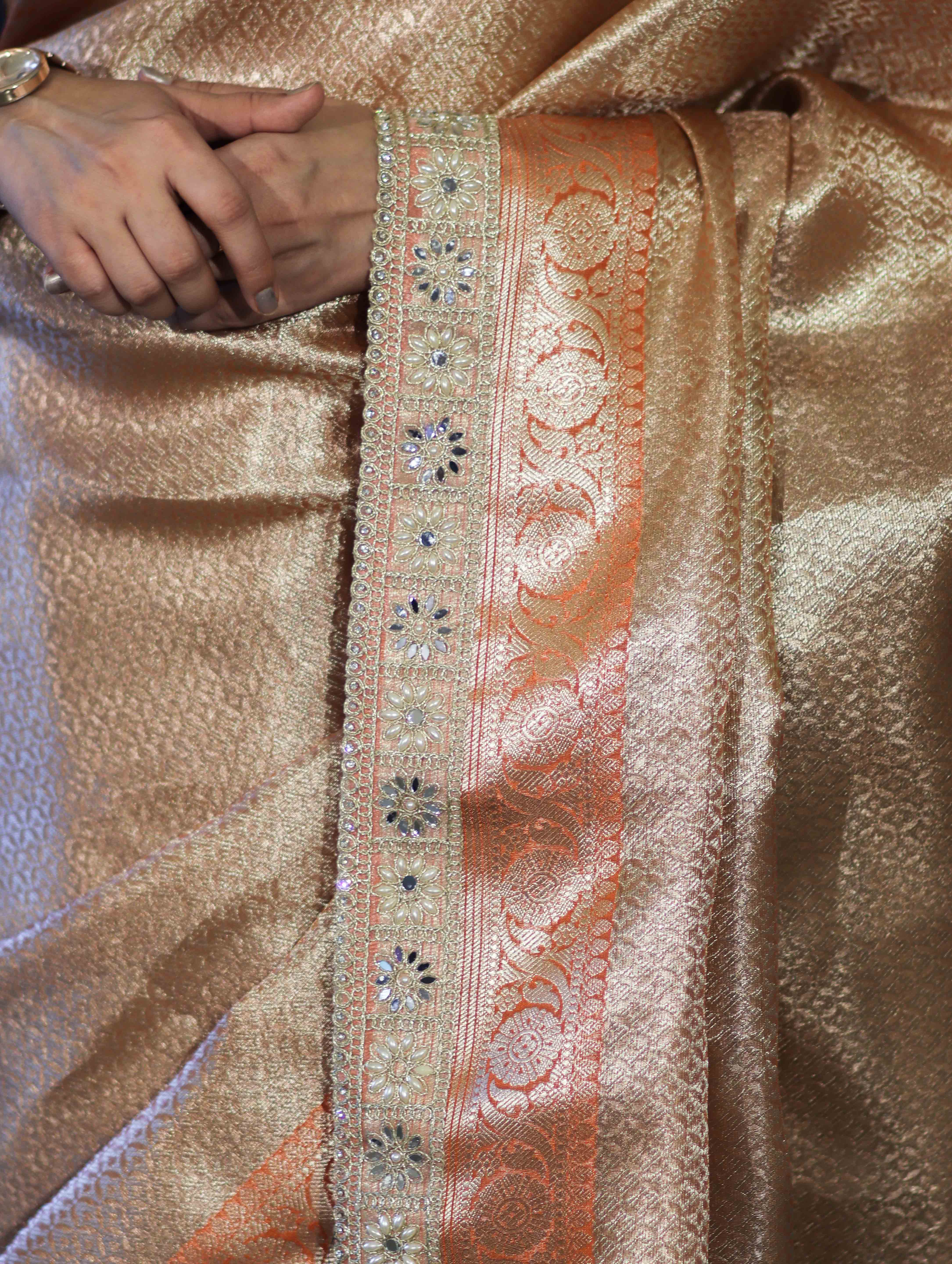 Banarasee Handloom Tissue Saree With Zari Woven Design & Lace Border-Peach