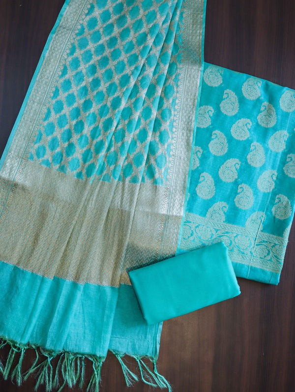 Banarasee Cotton Silk Zari Buta Work Salwar Kameez Fabric With Dupatta Set-Turquoise Green