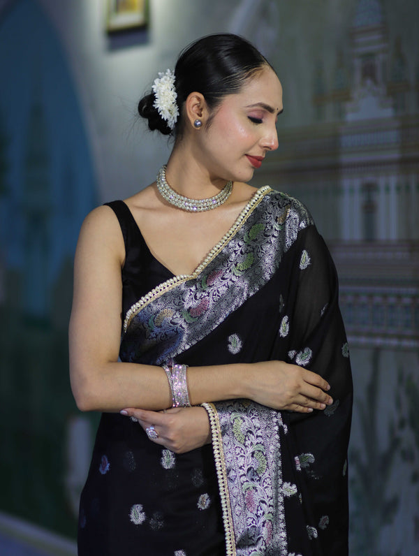 Banarasee Semi Chiffon Saree With Meena Work Silver Zari Border & Lace-Black