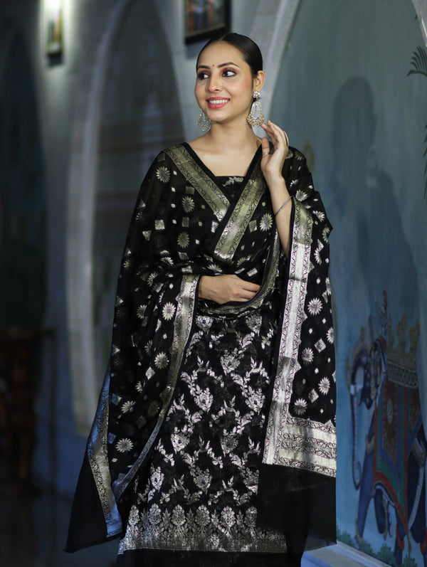 Banarasee Zari Work Chiffon Salwar Kameez Fabric With Dupatta Set-Black