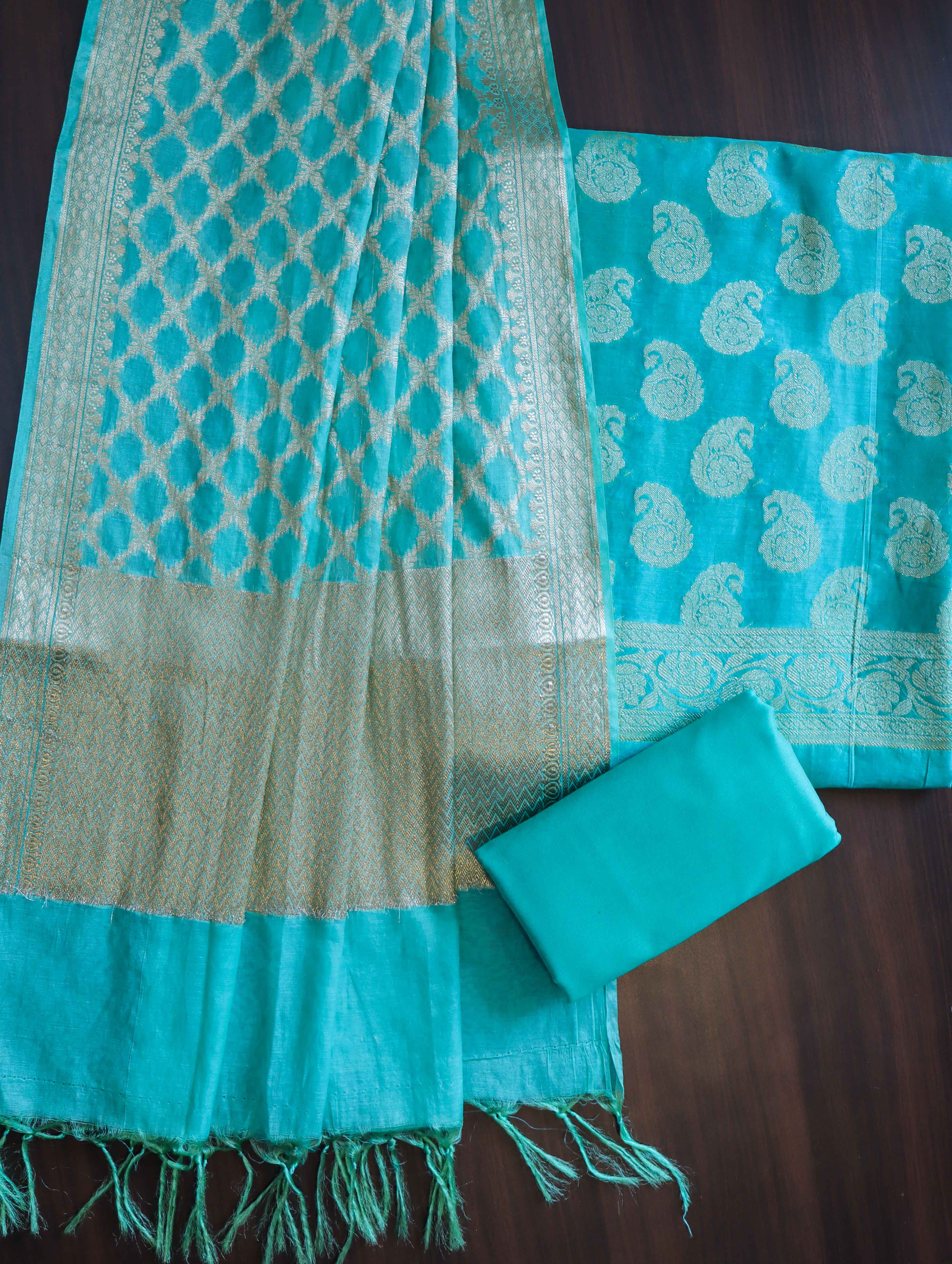 Banarasee Cotton Silk Zari Buta Work Salwar Kameez Fabric With Dupatta Set-Turquoise Green