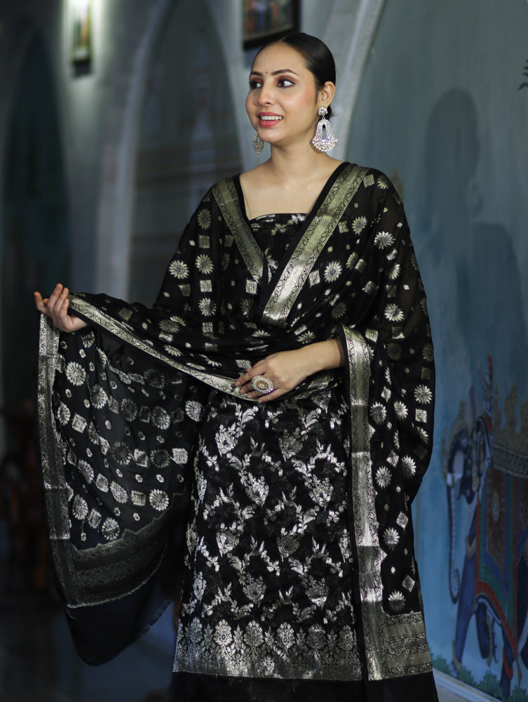Banarasee Zari Work Chiffon Salwar Kameez Fabric With Dupatta Set-Black