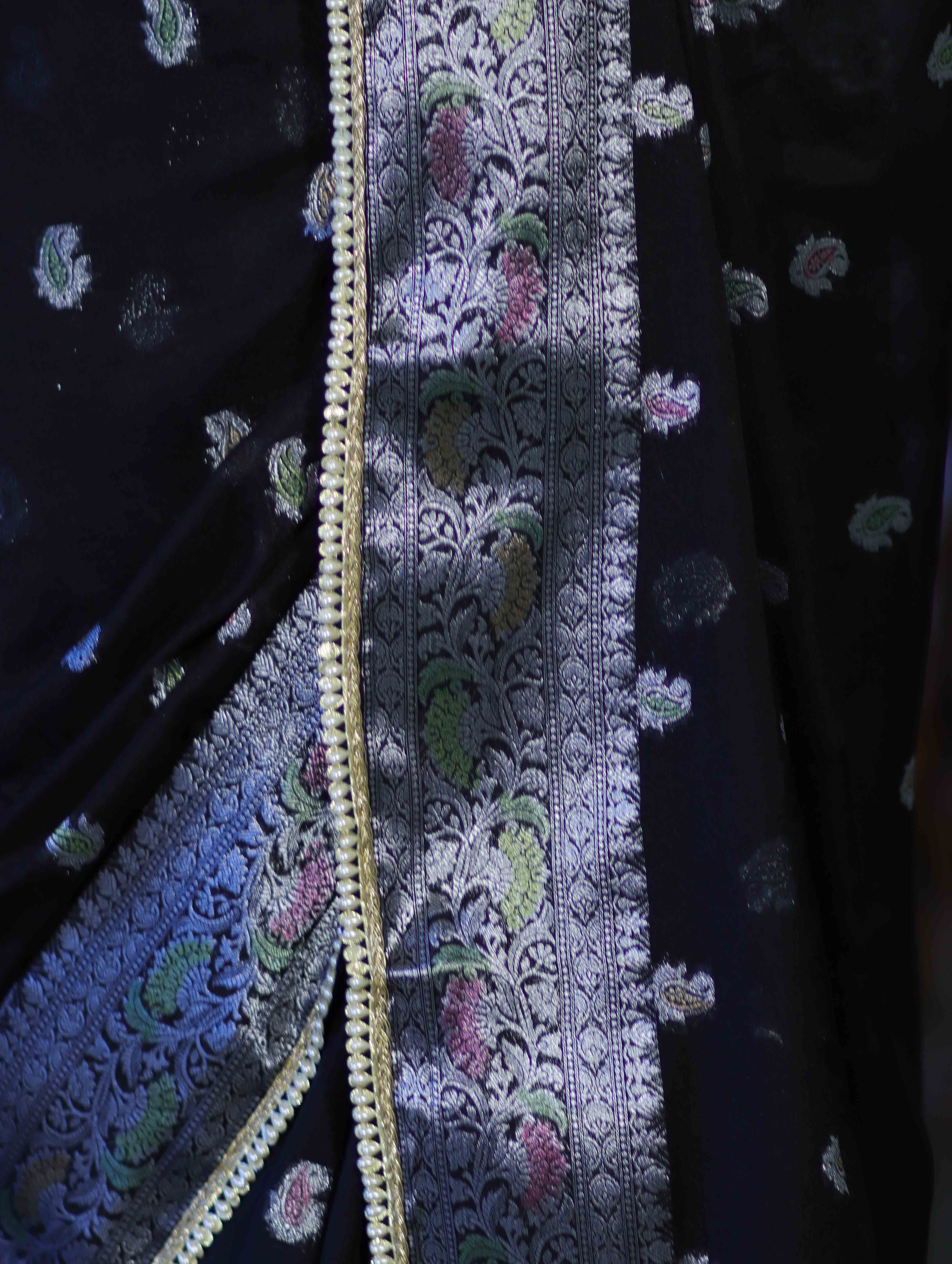 Banarasee Semi Chiffon Saree With Meena Work Silver Zari Border & Lace-Black