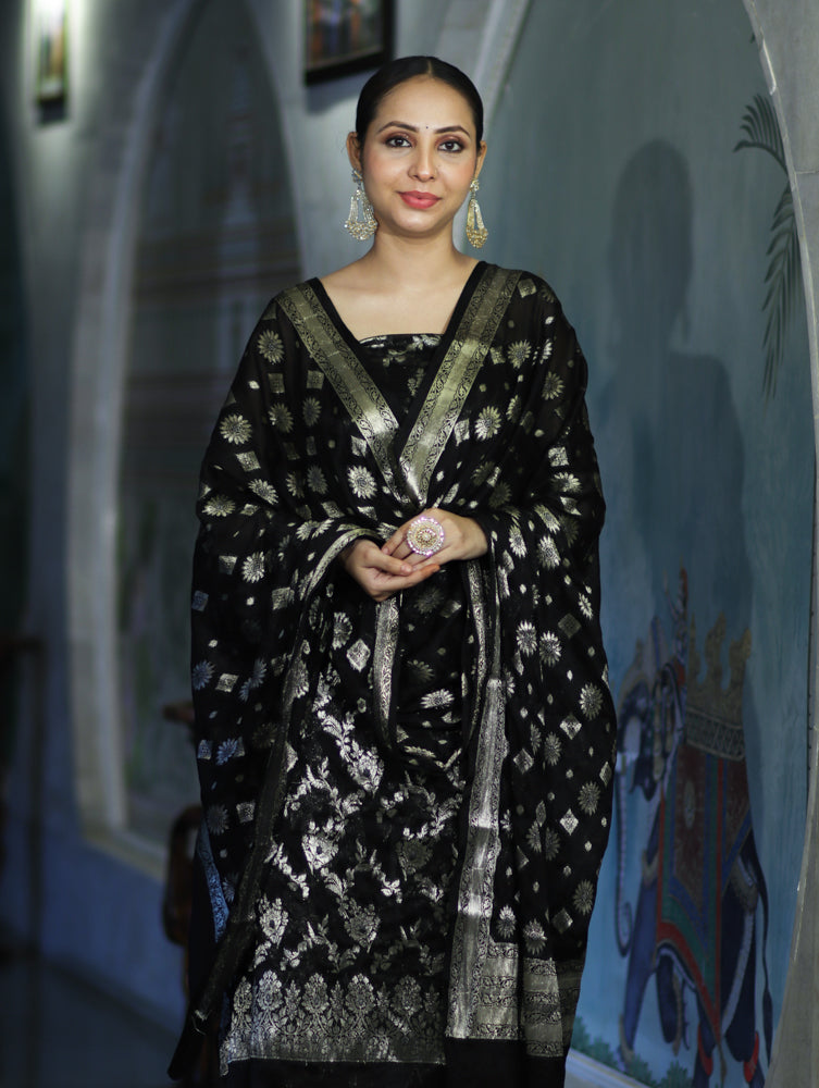 Banarasee Zari Work Chiffon Salwar Kameez Fabric With Dupatta Set-Black