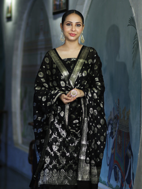 Banarasee Zari Work Chiffon Salwar Kameez Fabric With Dupatta Set-Black