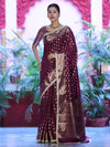 Banarasee Handloom Semi Silk Saree With Zari Buti Design & Lace Border-Wine