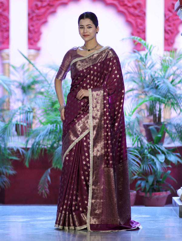 Banarasee Handloom Semi Silk Saree With Zari Buti Design & Lace Border-Wine