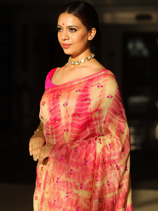 Banarasee Handloom Chanderi Shibori Dyed Saree With Embroidery Work-Pink