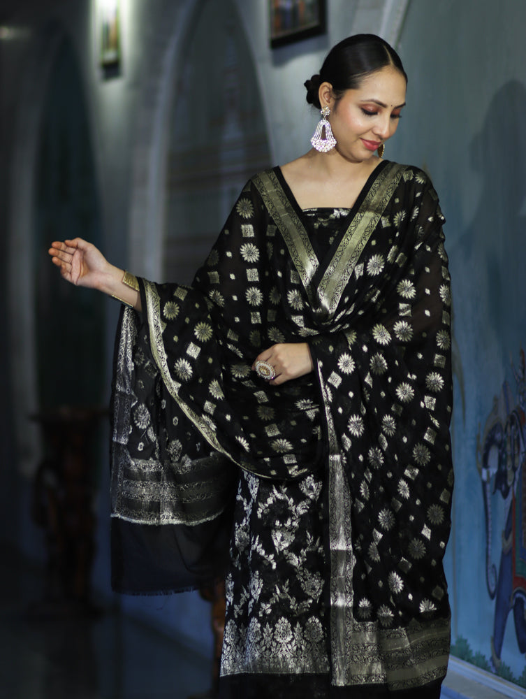 Banarasee Zari Work Chiffon Salwar Kameez Fabric With Dupatta Set-Black