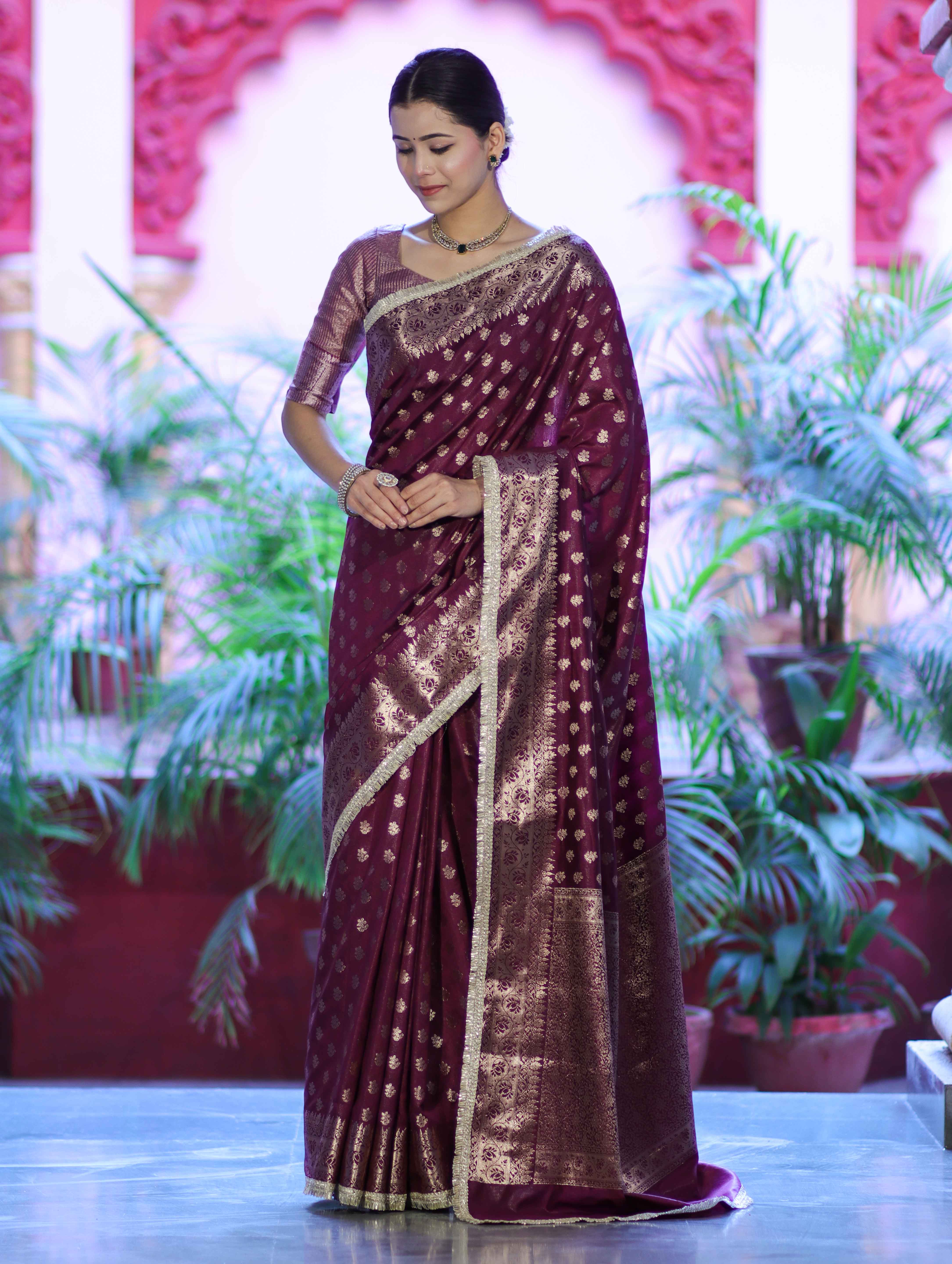 Banarasee Handloom Semi Silk Saree With Zari Buti Design & Lace Border-Wine