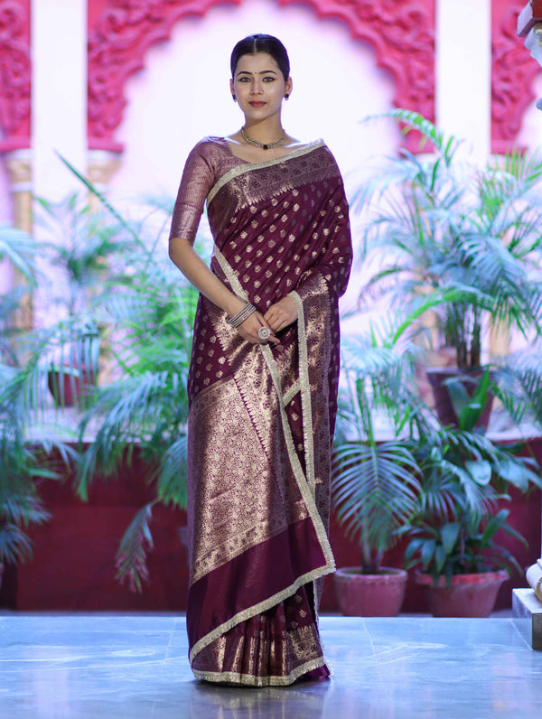 Banarasee Handloom Semi Silk Saree With Zari Buti Design & Lace Border-Wine