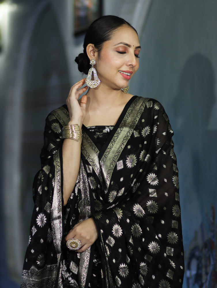 Banarasee Zari Work Chiffon Salwar Kameez Fabric With Dupatta Set-Black
