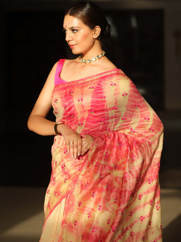 Banarasee Handloom Chanderi Shibori Dyed Saree With Embroidery Work-Pink