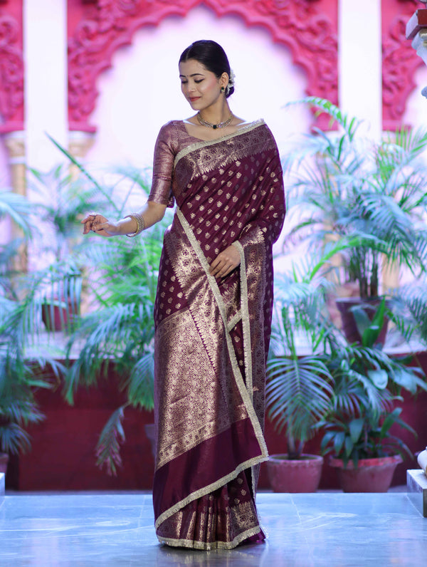 Banarasee Handloom Semi Silk Saree With Zari Buti Design & Lace Border-Wine