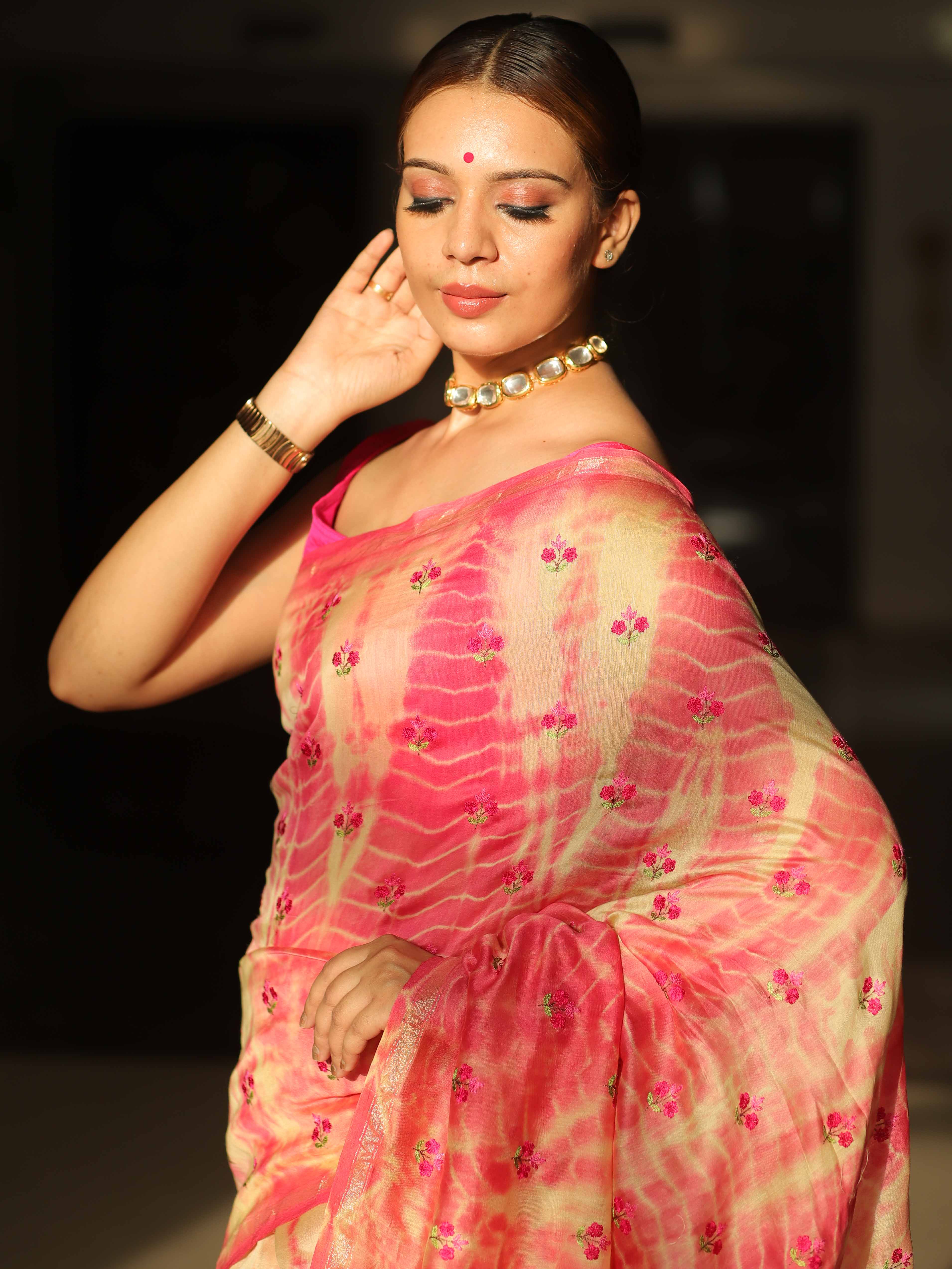 Banarasee Handloom Chanderi Shibori Dyed Saree With Embroidery Work-Pink