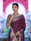 Banarasee Handloom Semi Silk Saree With Zari Buti Design & Lace Border-Wine