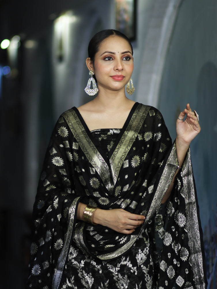 Banarasee Zari Work Chiffon Salwar Kameez Fabric With Dupatta Set-Black
