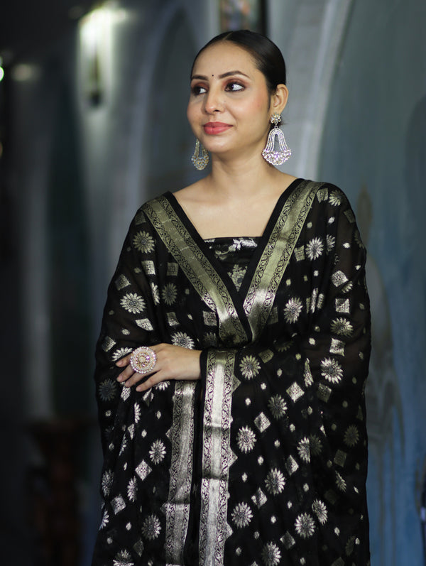 Banarasee Zari Work Chiffon Salwar Kameez Fabric With Dupatta Set-Black