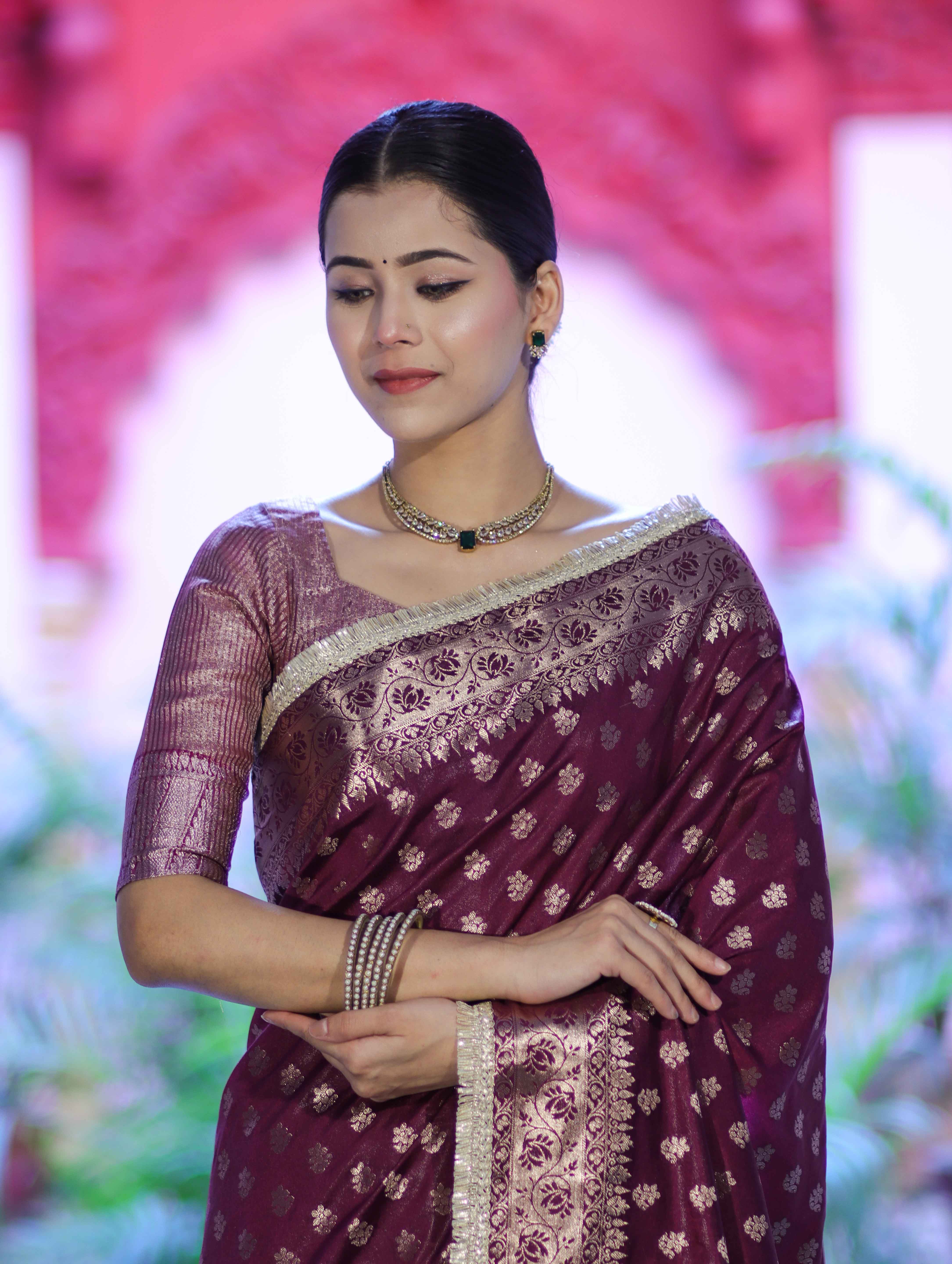 Banarasee Handloom Semi Silk Saree With Zari Buti Design & Lace Border-Wine