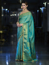 Banarasee Handloom Shimmer Silk Saree With Buti Design Floral Border & Lace-Turquoise Green