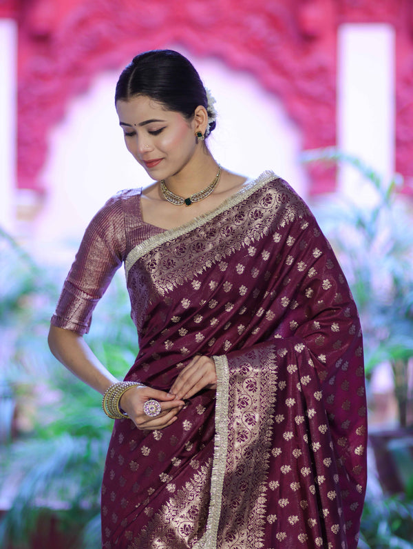 Banarasee Handloom Semi Silk Saree With Zari Buti Design & Lace Border-Wine
