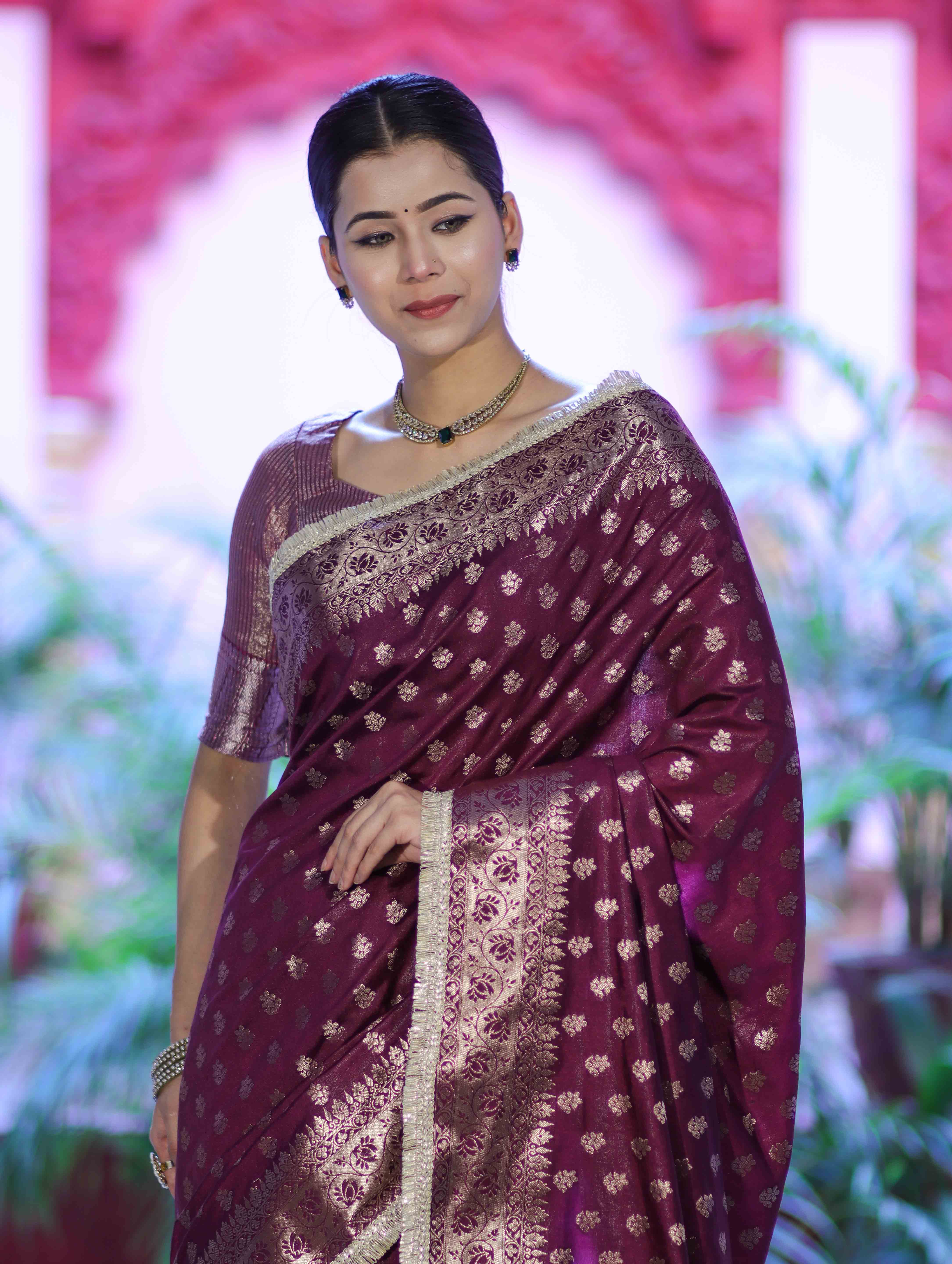 Banarasee Handloom Semi Silk Saree With Zari Buti Design & Lace Border-Wine