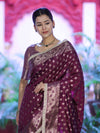 Banarasee Handloom Semi Silk Saree With Zari Buti Design & Lace Border-Wine