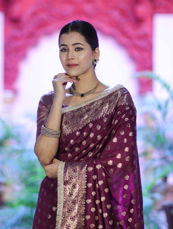 Banarasee Handloom Semi Silk Saree With Zari Buti Design & Lace Border-Wine