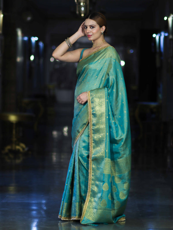 Banarasee Handloom Shimmer Silk Saree With Buti Design Floral Border & Lace-Turquoise Green