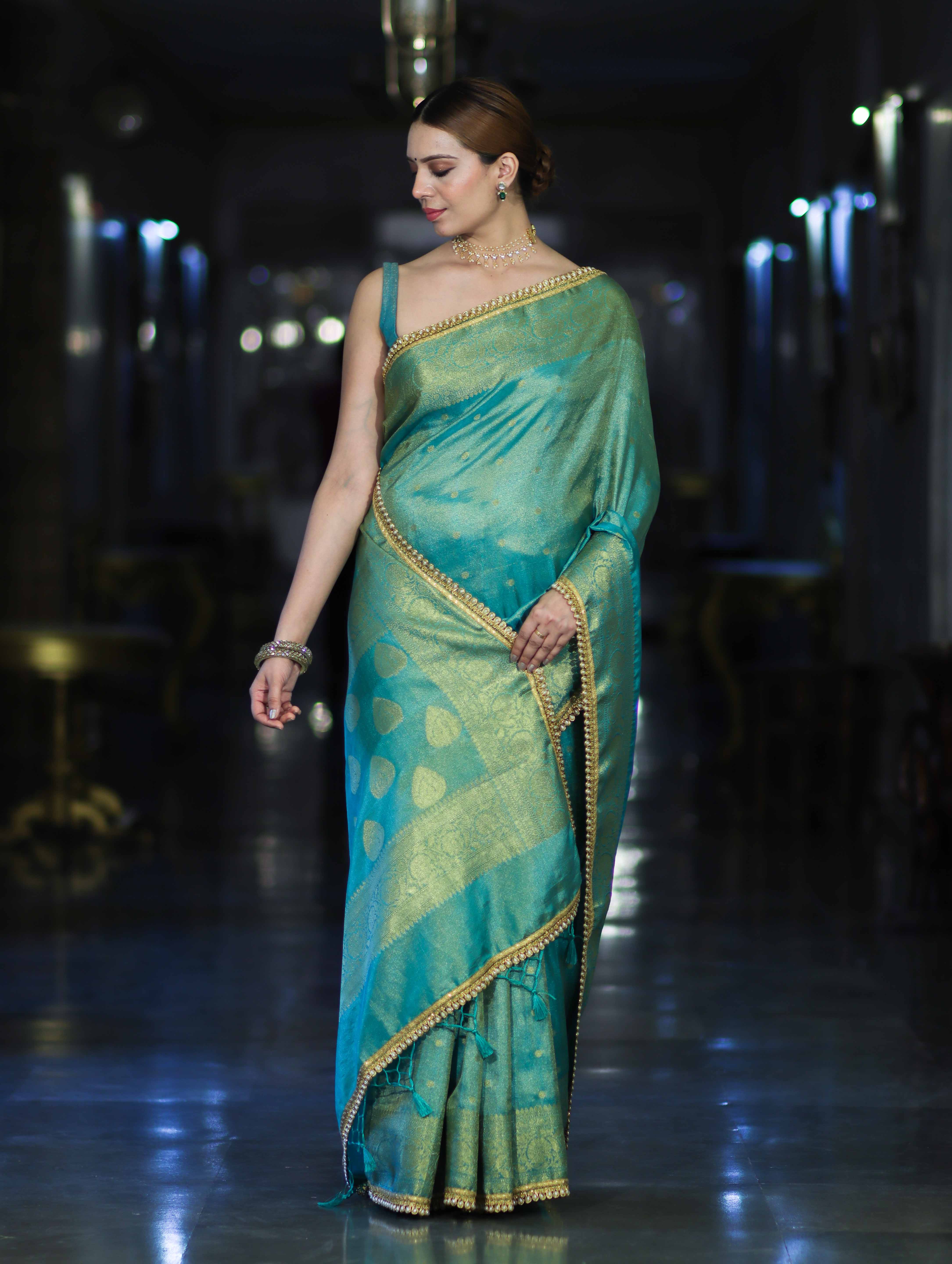 Banarasee Handloom Shimmer Silk Saree With Buti Design Floral Border & Lace-Turquoise Green