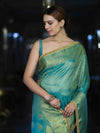 Banarasee Handloom Shimmer Silk Saree With Buti Design Floral Border & Lace-Turquoise Green