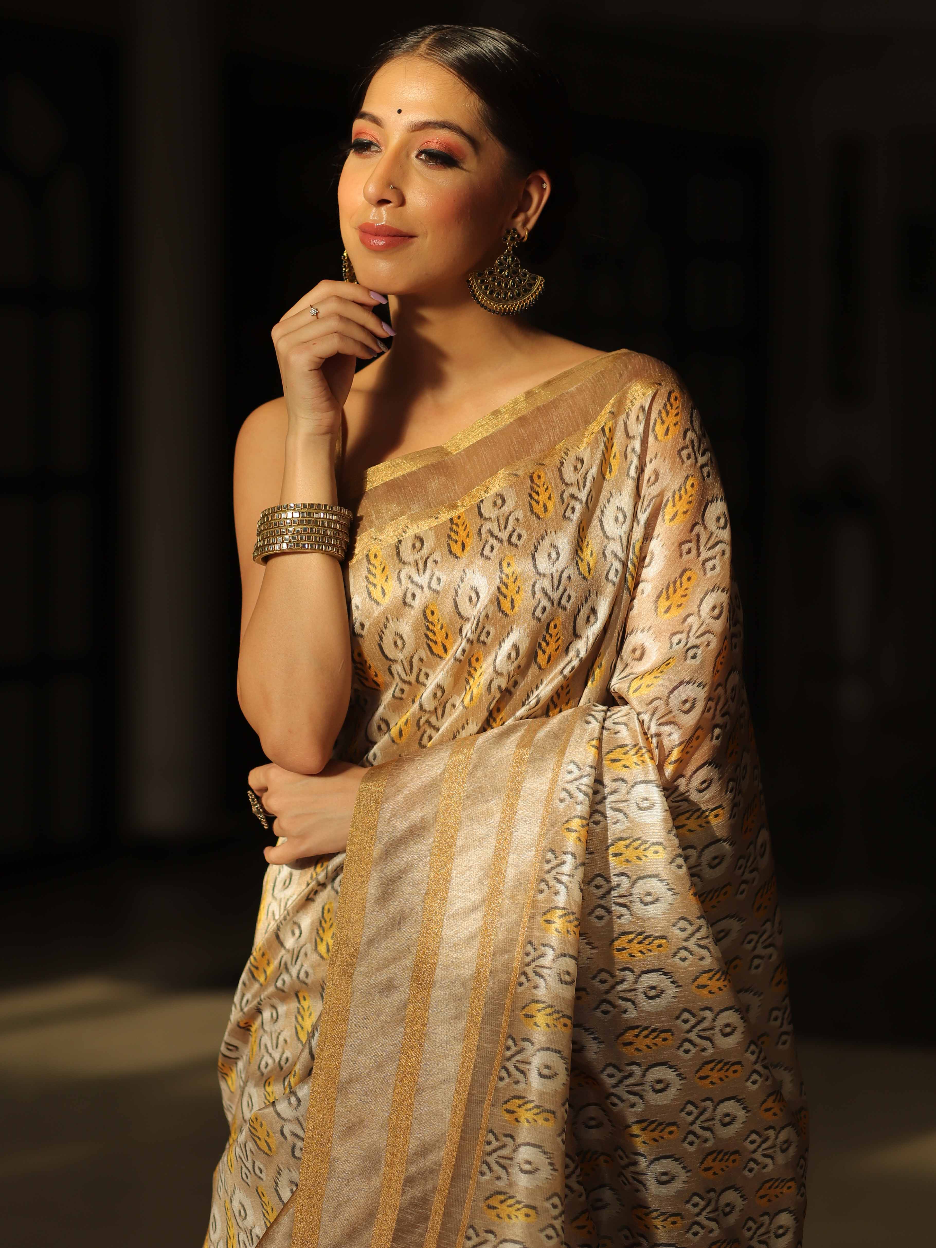 Banarasee Linen Cotton Digital Print Zari Border Saree-Beige